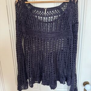 Free People Open Knit Crochet Boho Sweater Navy Size S